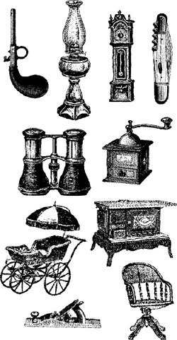 Assorted antiques - pistol, lamp, clock, binoculars, music box, baby carriage, chair, etc.